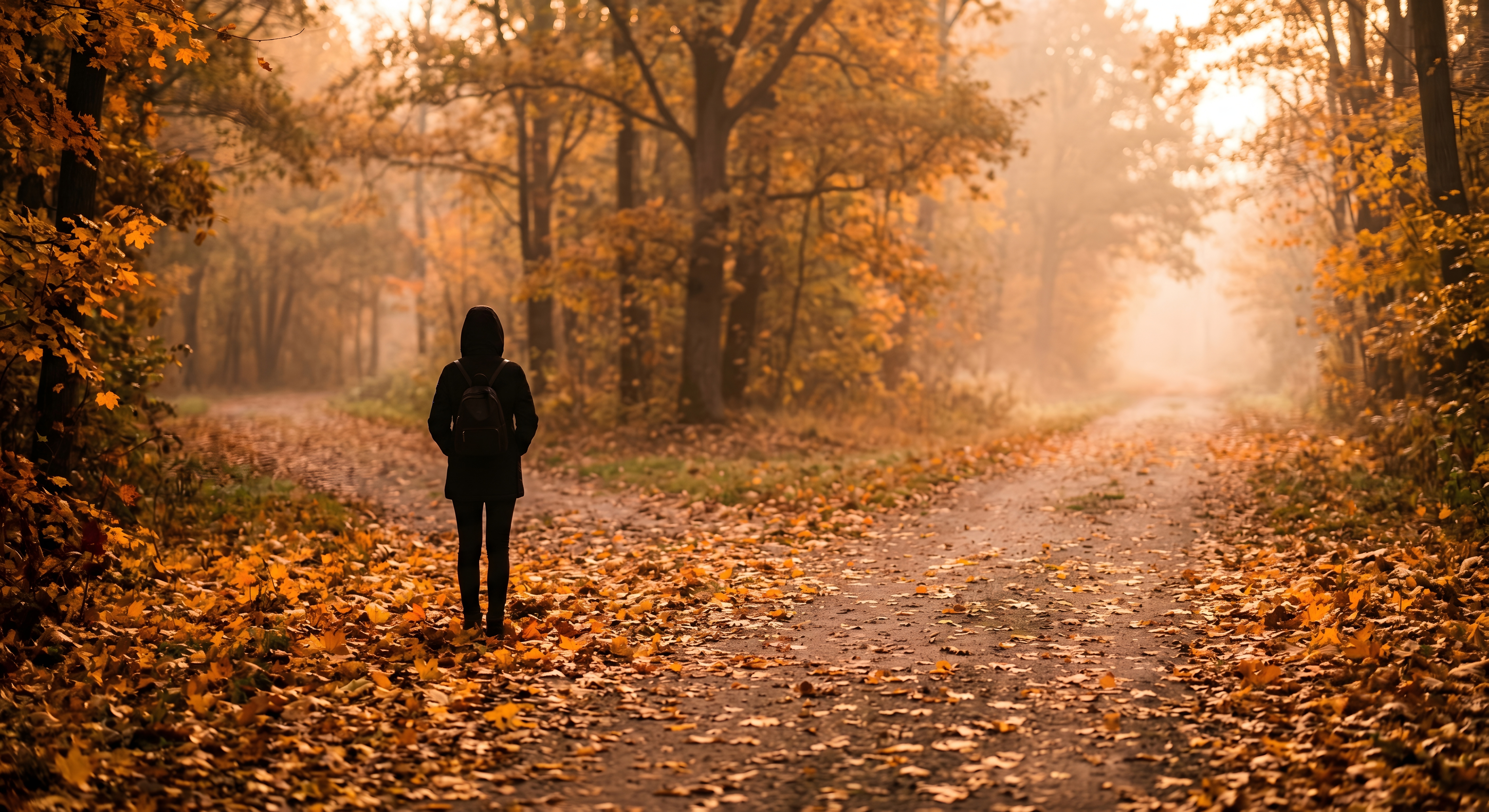Woman standing at a fork in a misty autumn forest path, choosing which way to go